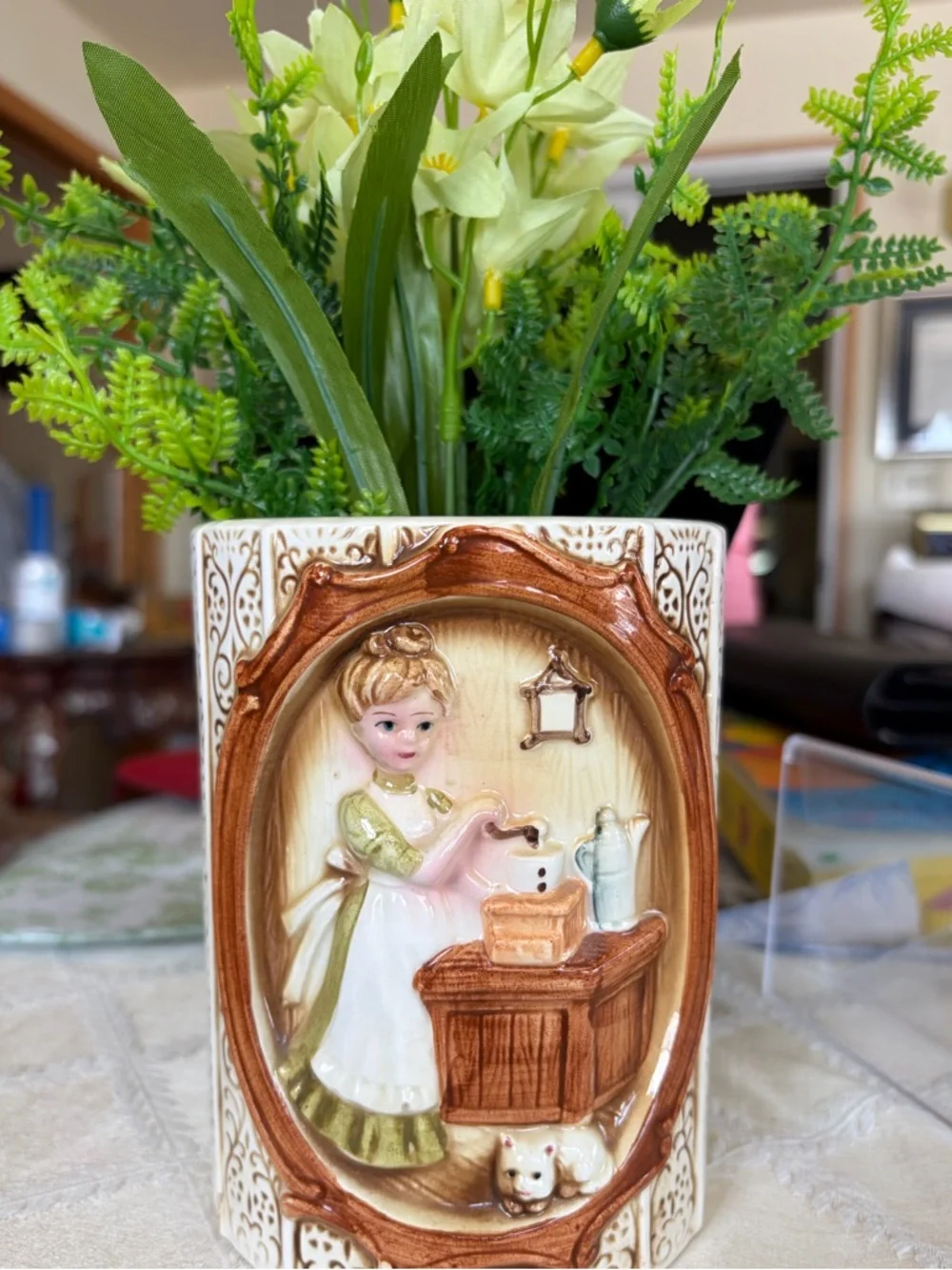 Vintage Decorative Ceramic Canister / Lady in Kitchen Scene 1978